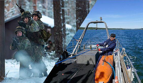 Kaksi kuvaa liitetty yhteen. Toisessa reserviläisiä taisteluvarustuksessa harjoituksessa, toisessa reserviläinen laivalla.