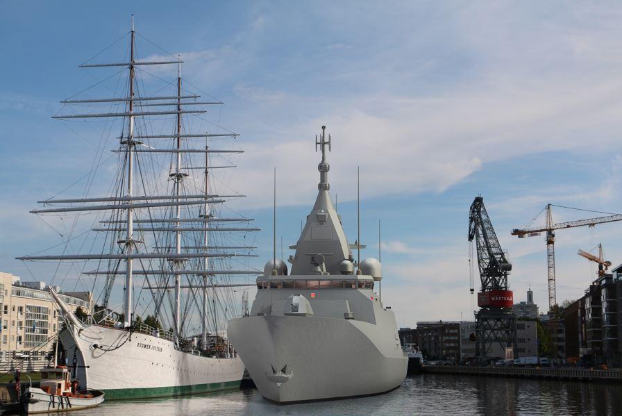 Pohjanmaa-luokan korvetti mallinnettuna museolaiva Suomen Joutsenen viereen Turussa.